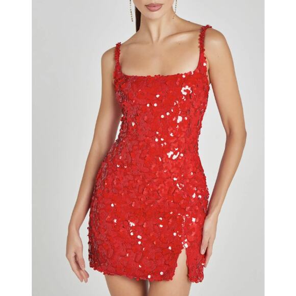 Nadine Merabi Red Karlie Sequin Spaghetti Strap Mini Dress W/ Side Slit Size 12 - Picture 1 of 11